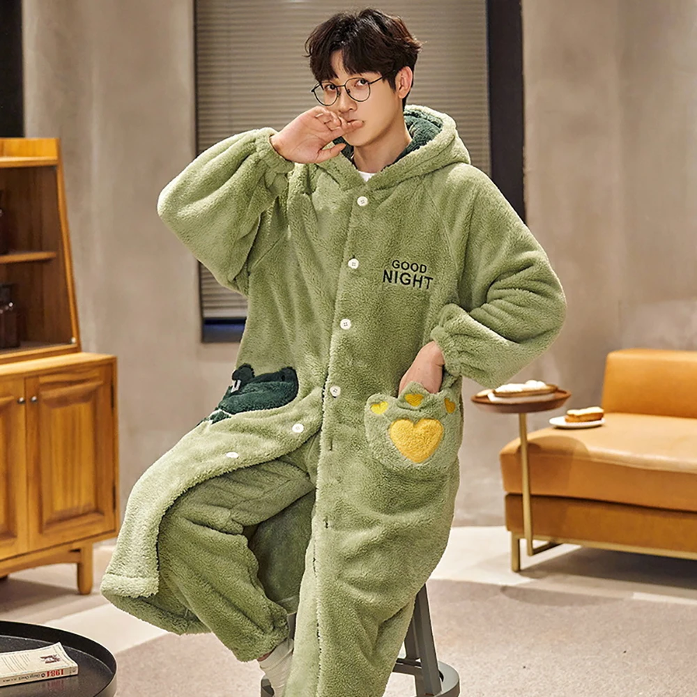 Winter Thicken Flannel Warm Bathrobe Man Set Antistatic Plush Shower Long Robe Cartoon Hooded Kimono Loose Cosy Soft Nightwear