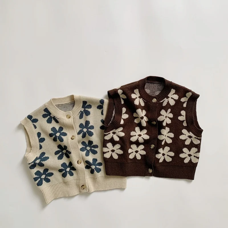 1213C Children Clothes Knitted Vest Spring New Children's Vest Retro Flower Knitted Boy's Sweater Coat Kid's Waistcoat