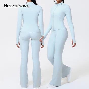 Hearuisavy Summer Women Sports Suits 2Pcs Running Long Sleeve Sports Jacket ECO Yoga Coat With Zipper High Waist Flared Pants