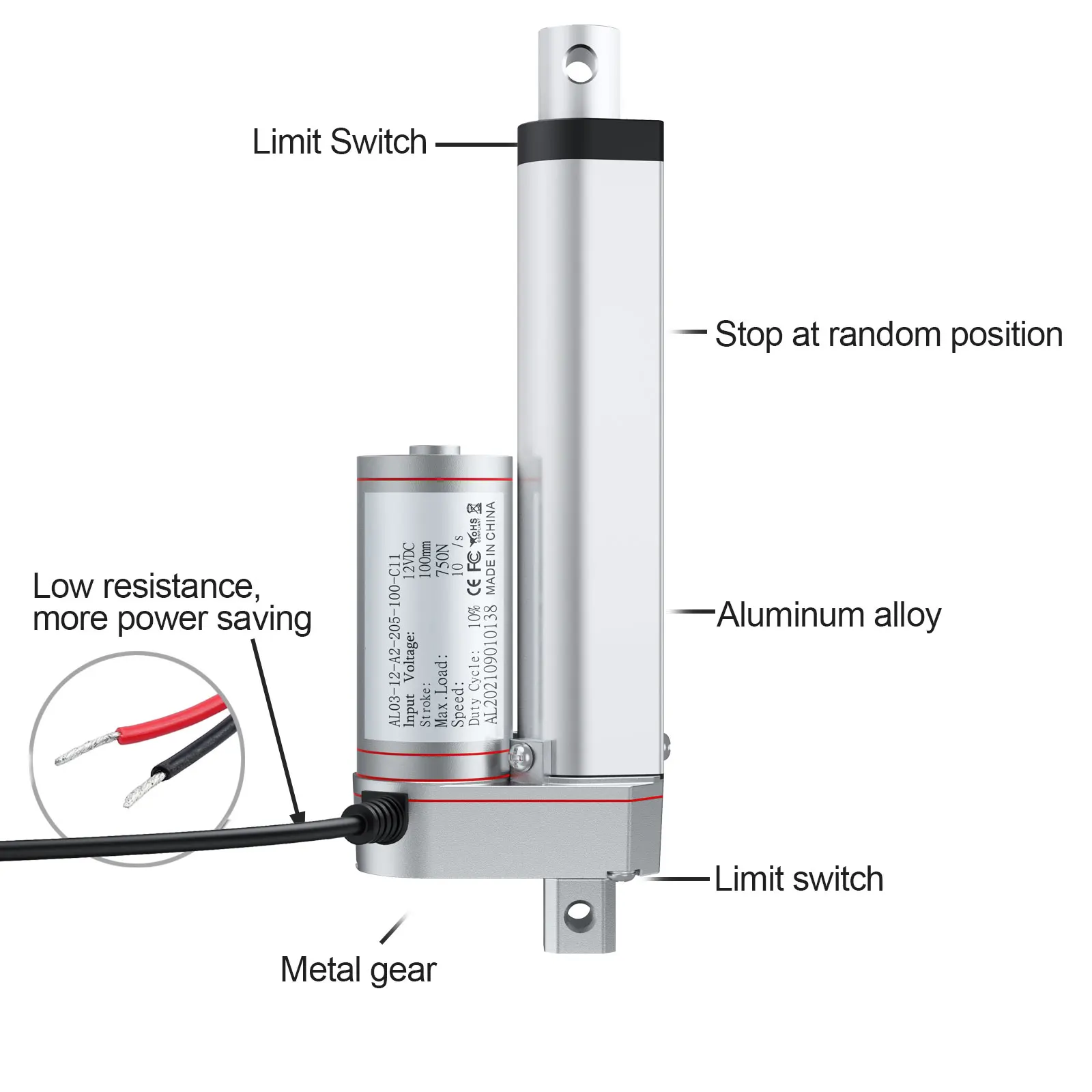 Linear Actuator DC 12V 750N 50mm 100mm 150mm 200mm 250mm 300mm Stroke Linear Drive Electric Motor 10mm/s Speed