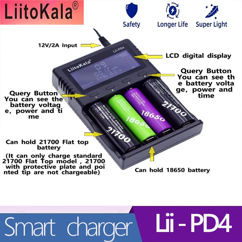 

LiitoKala Lii-600 Lii-PD4 Lii-M4 Battery Charger 18650 26650 21700 AA AAA 3.7V Lithium Nickel Hydrogen Battery