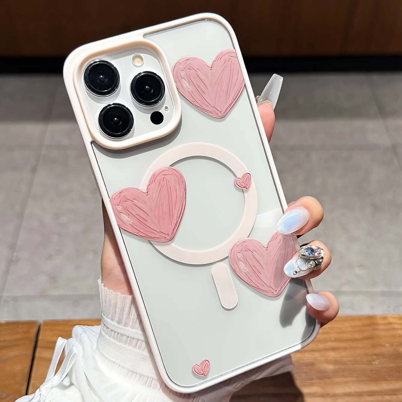 Hand-Painted Pink Heart Magnetic Phone Case with Bumper Cover