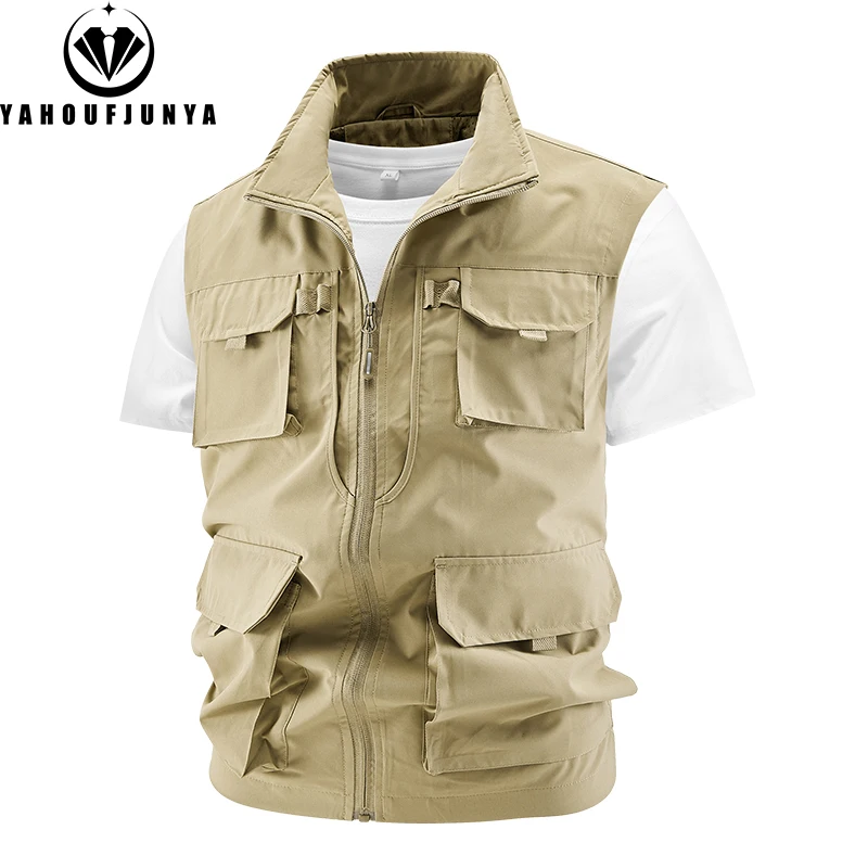 Veste de pêche sans manches homme été multi-poches respirante col montant zippée extérieur