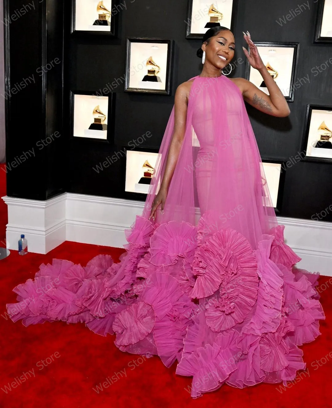 Robe longue en tulle transparent pour femme rose rouge charmante tenue transparente volants plisses robes astronomiques Everak sur mesure AliExpress