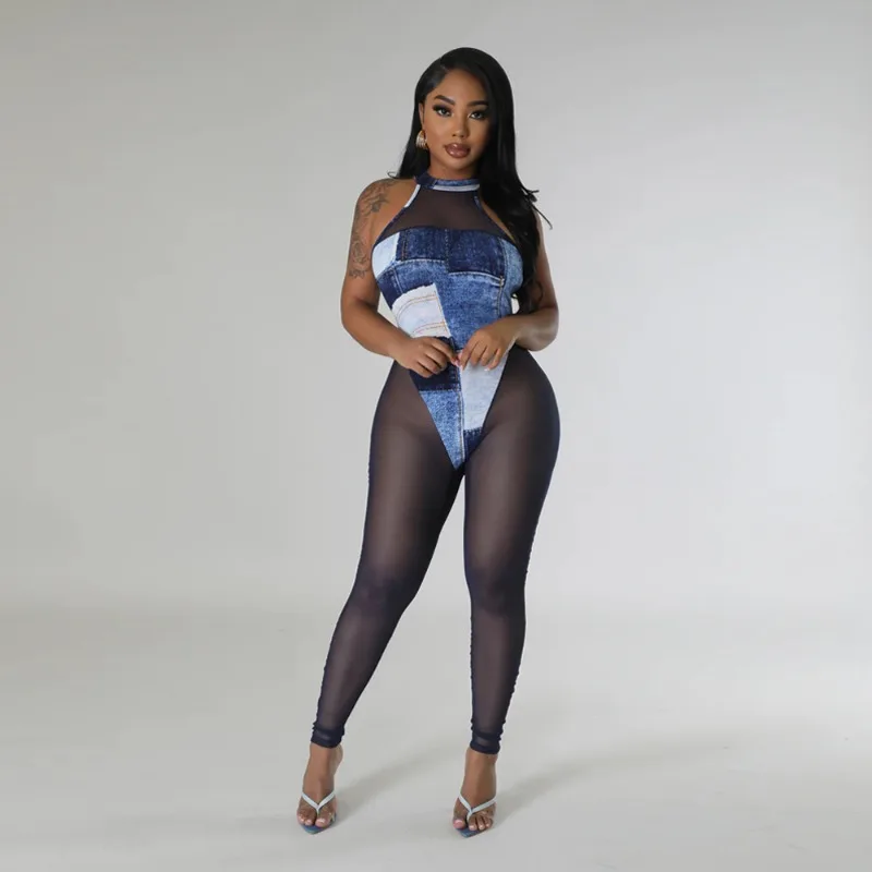 

WUHE Fake Jean Printed Mesh Patchwork Halter Women Jumpsuit 2023 Summer Party Club Evening One Piece Set Sexy Night Playsuit