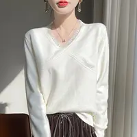 Women Clothes Elegant Lace Patchwork Solid Loose T Shirts Spring Autumn Long Sleeve V Neck Simplicity Casual Tops Fashion Office