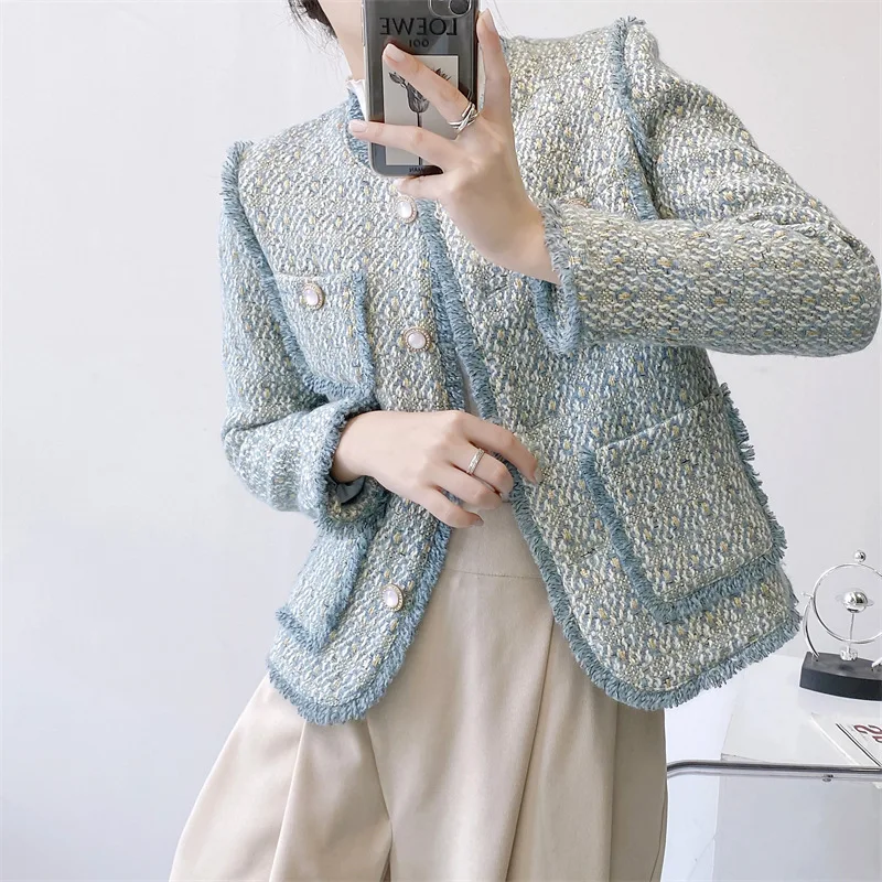 Korea Style Woman O-Neck Collar 30% Real Woolen Jacket Wool Fashion Vintage Coat Female Elegant Mujer Streetwear Spring Summer