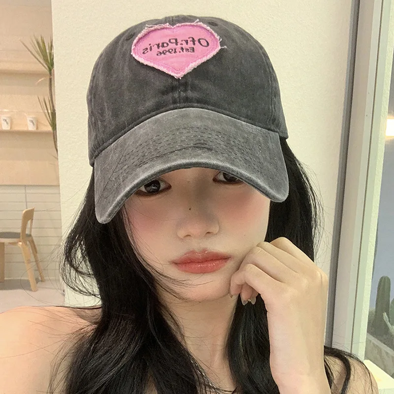 핑크 하트 야구 모자 여성 청바지 야구 모자