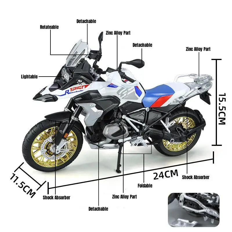 1/9 BMW R1250 GS Toy Motorcycle Model For Children Diecast Metal Motorbike Vehicle Miniature Lightable Collection Gift For Boys 4