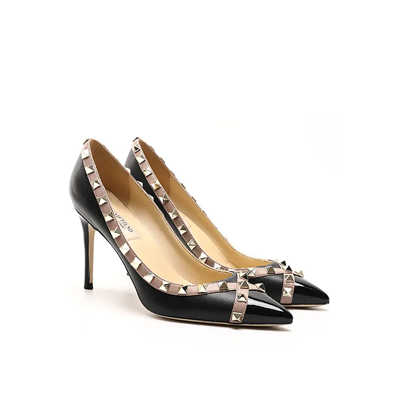 2025Fashion Rivets High Thin Heels Color Block Pumps Women Stiletto-heel Dress Wedding Shoes Sexy Pointed Toe Ladies Party Shoes 2