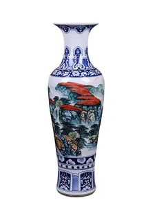 Искусственная Античная Сине-белая напольная ваза с изображением пейзажа, ручная роспись, керамика Цзиндэчжэнь для гостиной, новое украшение для дома и отеля