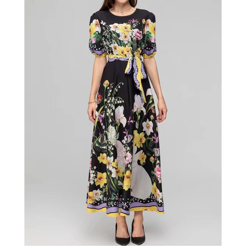

QHZ Designer Fashion Summer dresses for women 2023 Retro short sleeves Amazing flower print Belt Slim Sequin beading Long dress