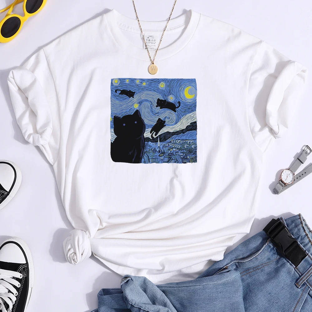 Vincent Van Gogh Starry Night Cute Cat In Painting Print Women's t-Shirt Hip Hop Soft Tops Loose Tshirt Summer Women's Tshirts