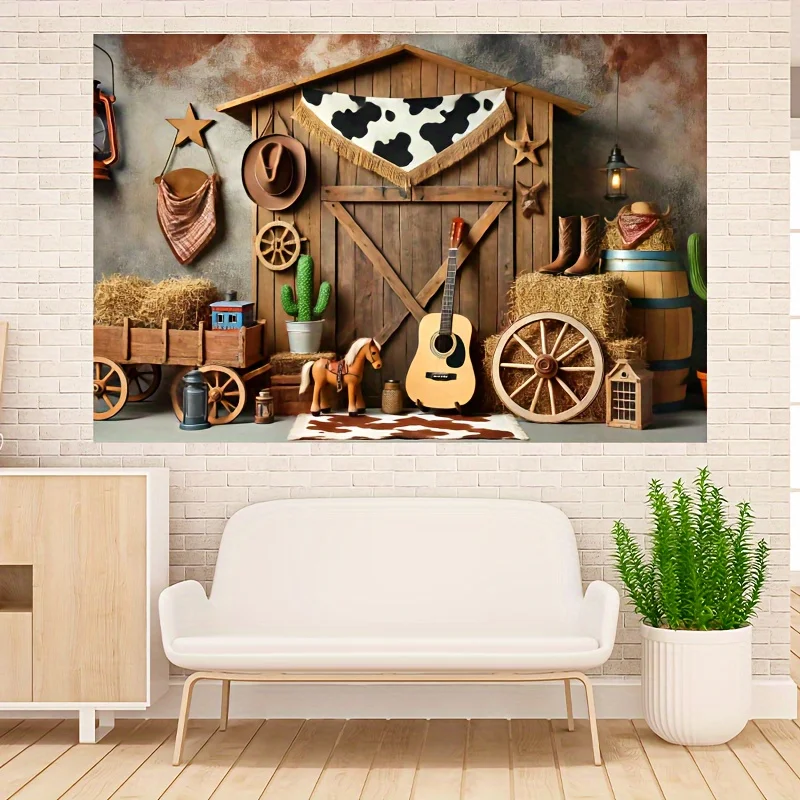 Hintergrund einer ländlichen westlichen Bauernhofparty, ausgestattet mit Heuhaufen und Wagenrädern, geeignet für Geburtstage und Einweihungsparty – Detail 1