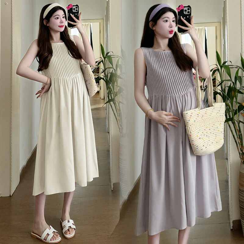 

2024 Summer Maternity Pleated Vest Dress Sleeveless Backless Pregnant Wman Sundress Long Loose Pregnancy Tank Dress with Pockets