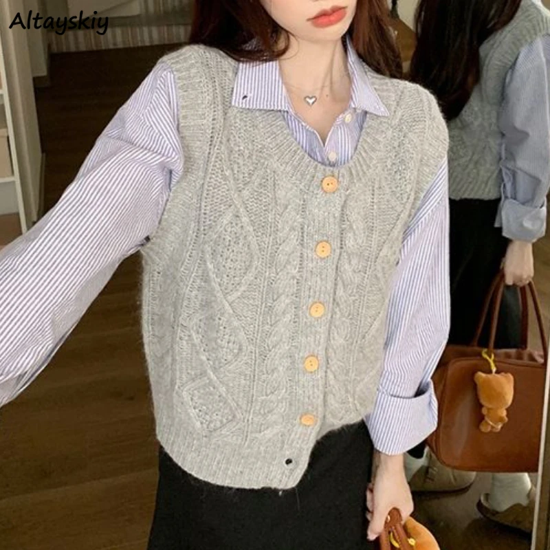 

Gray Sweater Vests Women Vintage Twist Chic Sleeveless Outwear Autumn Winter Korean Style College Fashion Knitted Cropped New