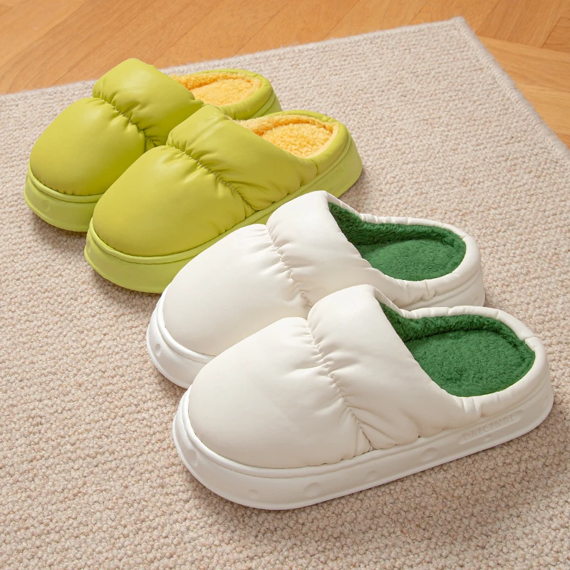 Feslishoet Winter Indoor Slippers Women Plush Keep Warm Flat Home Soft Comfort Slides Men PU Leather Waterproof Fashion Shoes 3