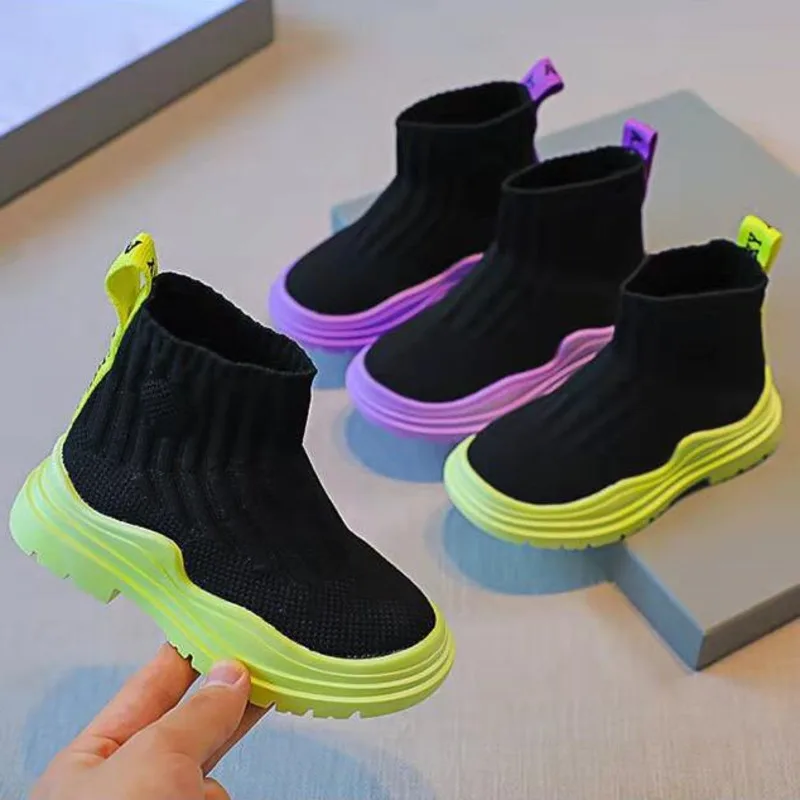 

Boy/Girls Shoes Socks Shoes 2022 Autumn High-top Boots Breathable Mesh Flying Knitting Shoes Children's Sports All-match Boots