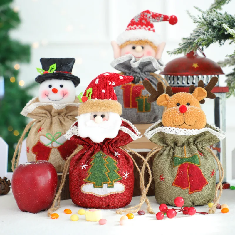 

2/4pcs Christmas Apples Candy Bag Gift Holders Linen Embroidery Snowman Santa Doll Kids Christmas Gift Bags Decorations for Home