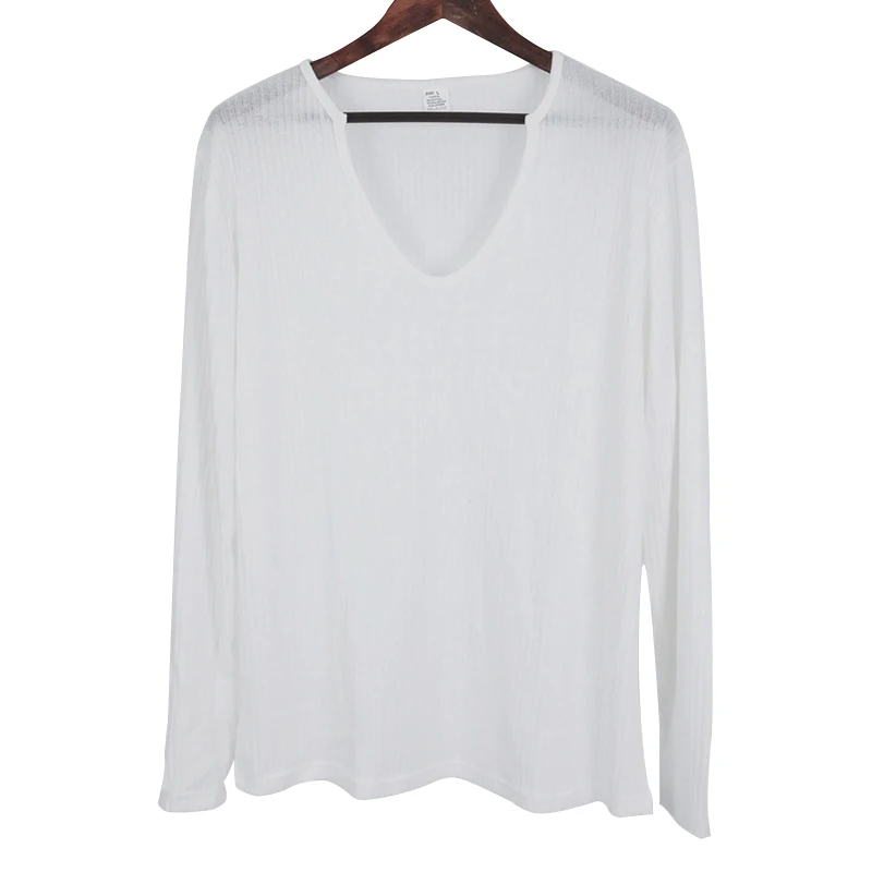 2023 Autumn/Winter New Men's Casual Deep V-Neck Slim Fit Long Sleeve Solid Knit Underlay Shirt for Men 3