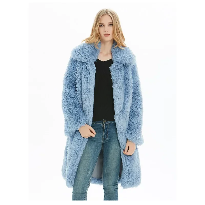 Faux Fur Women Lapel Coat Autumn Winter Plush Warm Long Jacket