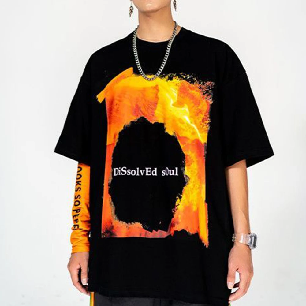 

Loose Hip-hop Casual Street Style Short-sleeved T-shirt Men 2024 Summer New Cotton Lava Print Retro Simple Top Men's Clothing