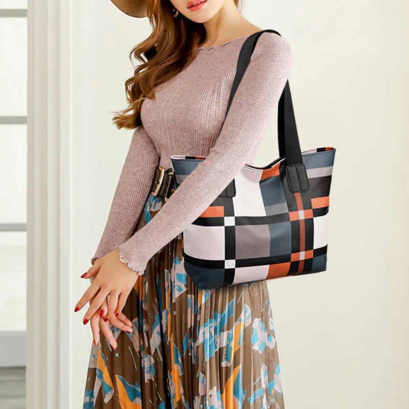Striped plaid tote bag for women, new fashionable women's shoulder bag, handbag for women, commuting bag, big bag for women-LJX