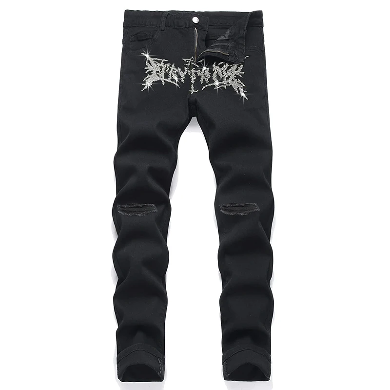 Mens Clothing Black Stretchy Ripped Y2k Jeans Skinny Trend Hot Drilling Punk Moto Bike Trousers Fashion Man Denim Pencil Pants