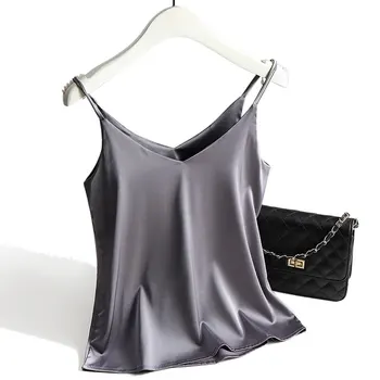 قميص نسائي بحمالات رفيعة ورقبة على شكل V أساسي أبيض كامي بدون أكمام من الحرير الساتان قميص قصير نسائي صيفي 2025 2