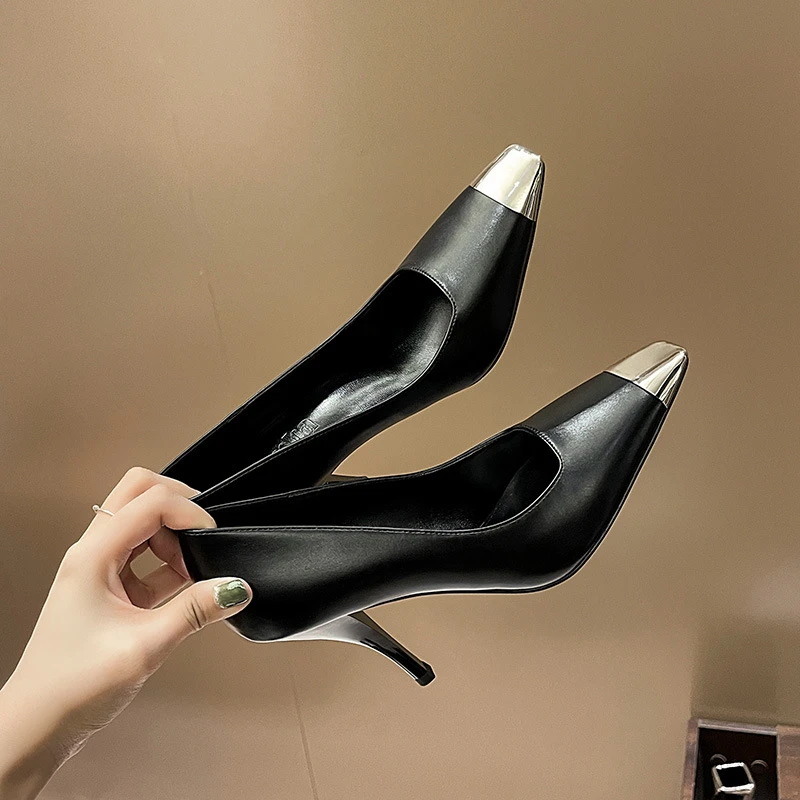 Sexy Luxury Patent Leather High Heels Square Toe Metal Toes