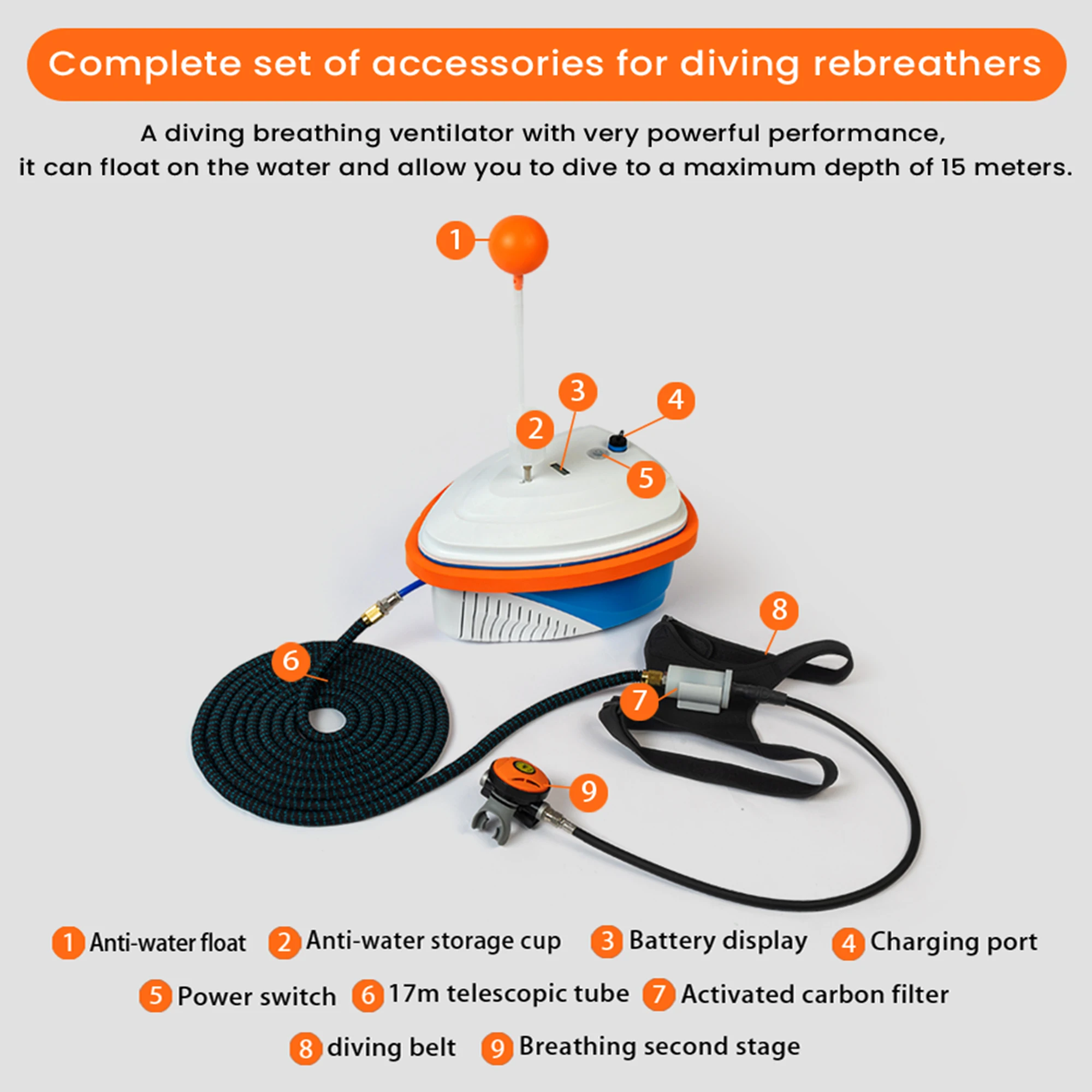 New Upgraded Scuba Diving Ventilator 4.5-10H Portable Diving Snorkel Equipment with Breathing Regulator Support Underwater 15M 2