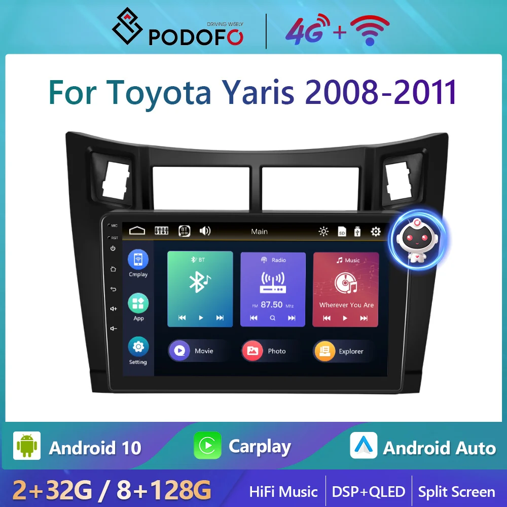 Podofo 2din Android Car Radio For Toyota Yaris 2008-2011 4g Wifi ...