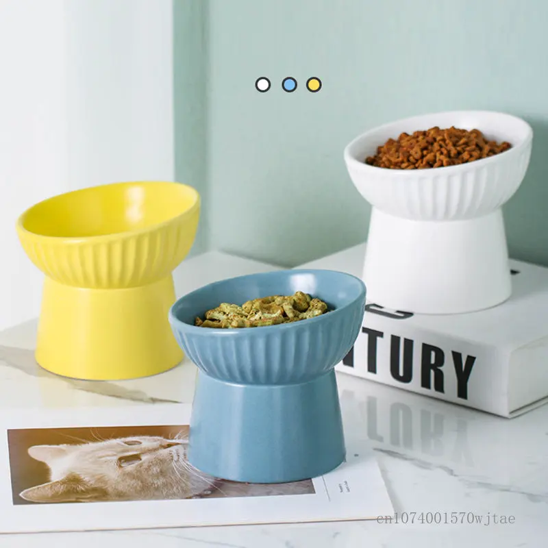 

1PC Pet supplies Ceramic dog and cat high foot oblique mouth bowl cat bowl protection spine basin dog food bowl pet tableware