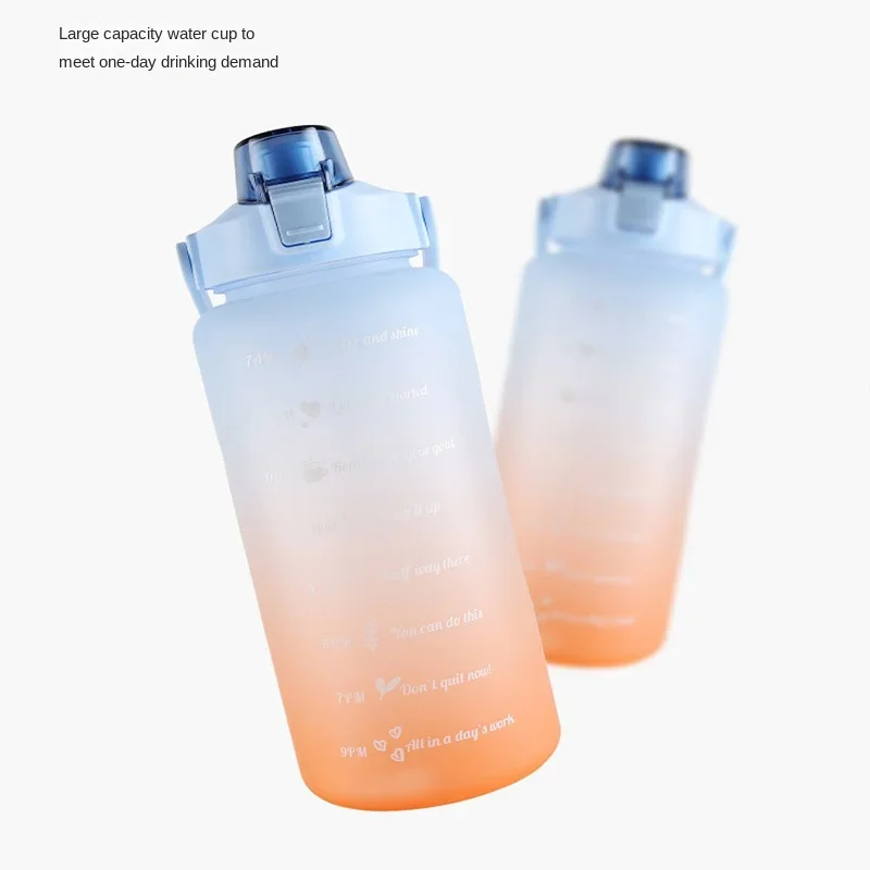 2L Large Capacity Water Bottle Straw Cup High Temperature Plastic Water Cup Time Scale Frosted Outdoor Sports Student Couple