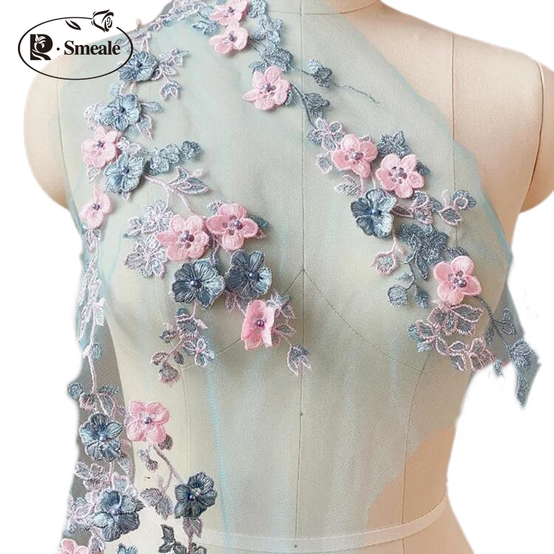 Perlenbesetzte Spitzenblumen Schleier Abendkleid Dekoration, 3D-Pflaumenblüten-Applikation, 5 Farben, RS4104, 2 Stück, 1 Paar