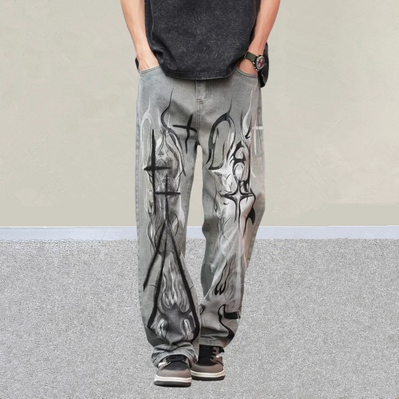 2026 Cyber Y2K Style Flammen-Graffiti Distressed Blaue Baggy Jeans für Herren – Neue Rock Dark Streetwear Denim-Hose – Detail 6