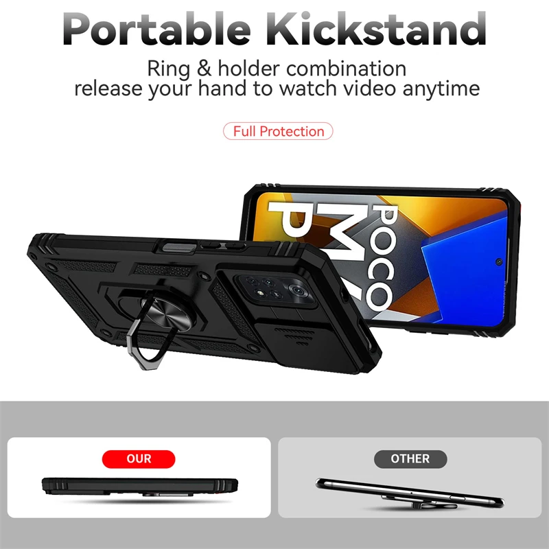 Cover Scorrevole Per Xiaomi Poco M4 Pro 4G Con Anello Porta E Supporto – Custodia Antiurto In TPU E PC, Nero