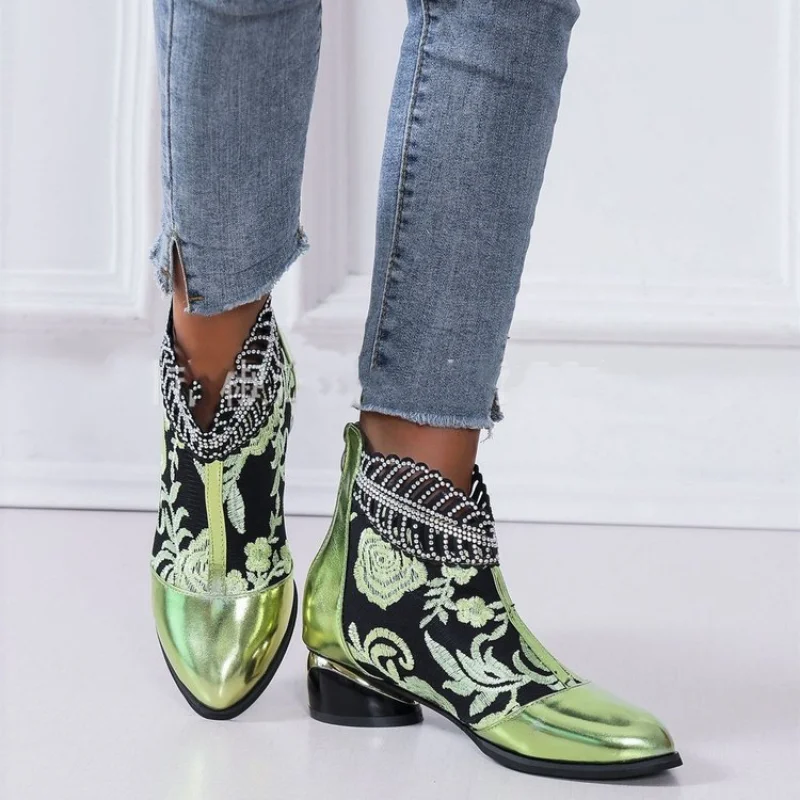 Women New Ethnic Style Embroidery Rhinestone Mid Calf Boots Autumn Winter Chunky Heels Booties Plus Size 36-43 Zapatos De Mujer