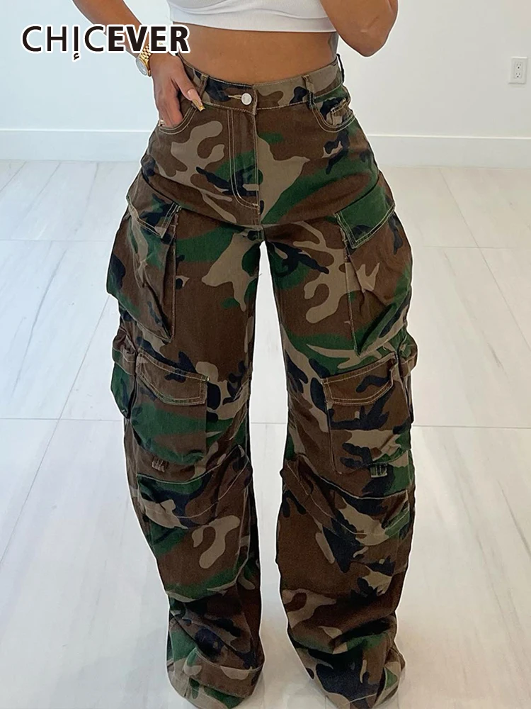 

CHICEVER Hit Color Desnim Trousers For Women High Waist Spliced Pocket Loose Camouflage Streetwear Spring Long Cargo Pant Female