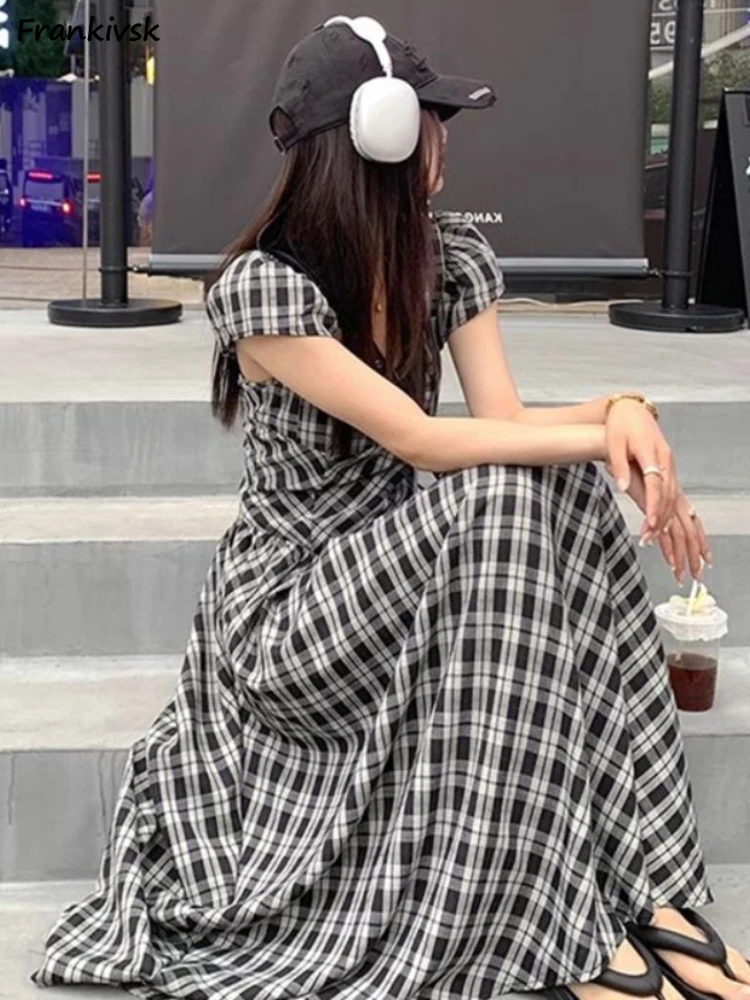 

Sleeveless Plaid Dresses Women Tender Vintage Korean Style Fashion Ankle-length Design Summer A-line Y2k Shinny College Hipster