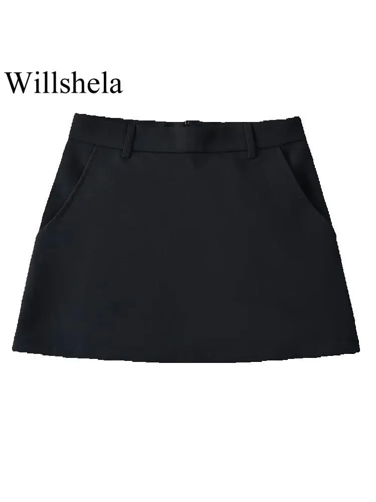 Willshela Women Fashion Solid Back Zipper A-Line Mini Skirt Vintage High Waist Female Chic Lady Skirts - Image 2