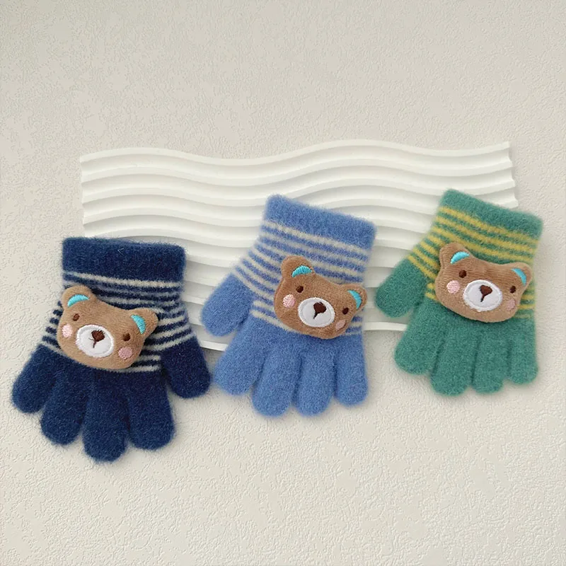 Winter Gloves Kids Knitted Gloves Woolen Bear Children Split Finger Gloves 3-8year Boy Girl Baby Plush Mittens