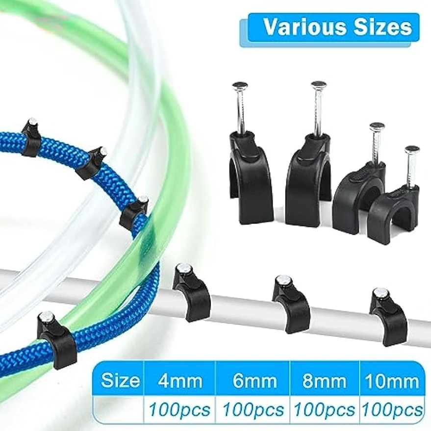 Cable Tie Mounts 400pcs 4/6/8/10mm Cable Wire Clips Nail in Tacks Coaxial Clamps Nails
