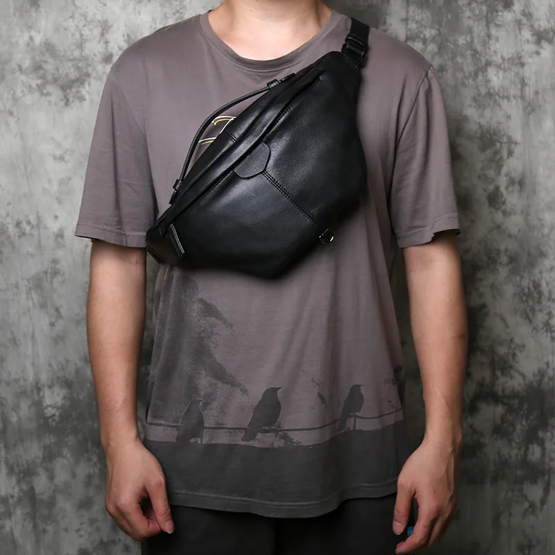 NZPJ New Men's Genuine Leather Chest Bag Top Layer Cowhide Crossbody bag Casual Phone Bag Trendy Shoulder Bag  For 8-Inch IPad