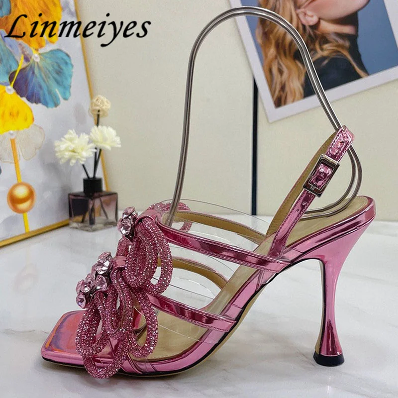 

Luxury High Heels Sandals Women Rhinestone Butterfly-knot Party Mules Shoes Women Square Open Toe Gladiator Sandals Woman