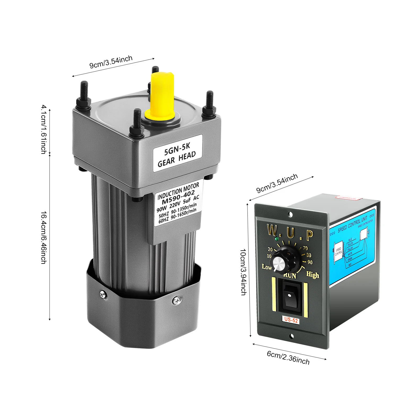 Geared Motor with Speed Controller 90W 220V Aluminum Alloy 40cr Steel 0-90r/min 1:5 Ratio 3.8nm Torque IP54 60dB