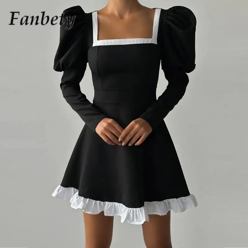 

Chic Solid Color Bubble Sleeve Party Dress Women Elegant Square Neck Slim Versatile Dress Women's Lotus Leaf Splicing Mini Dress