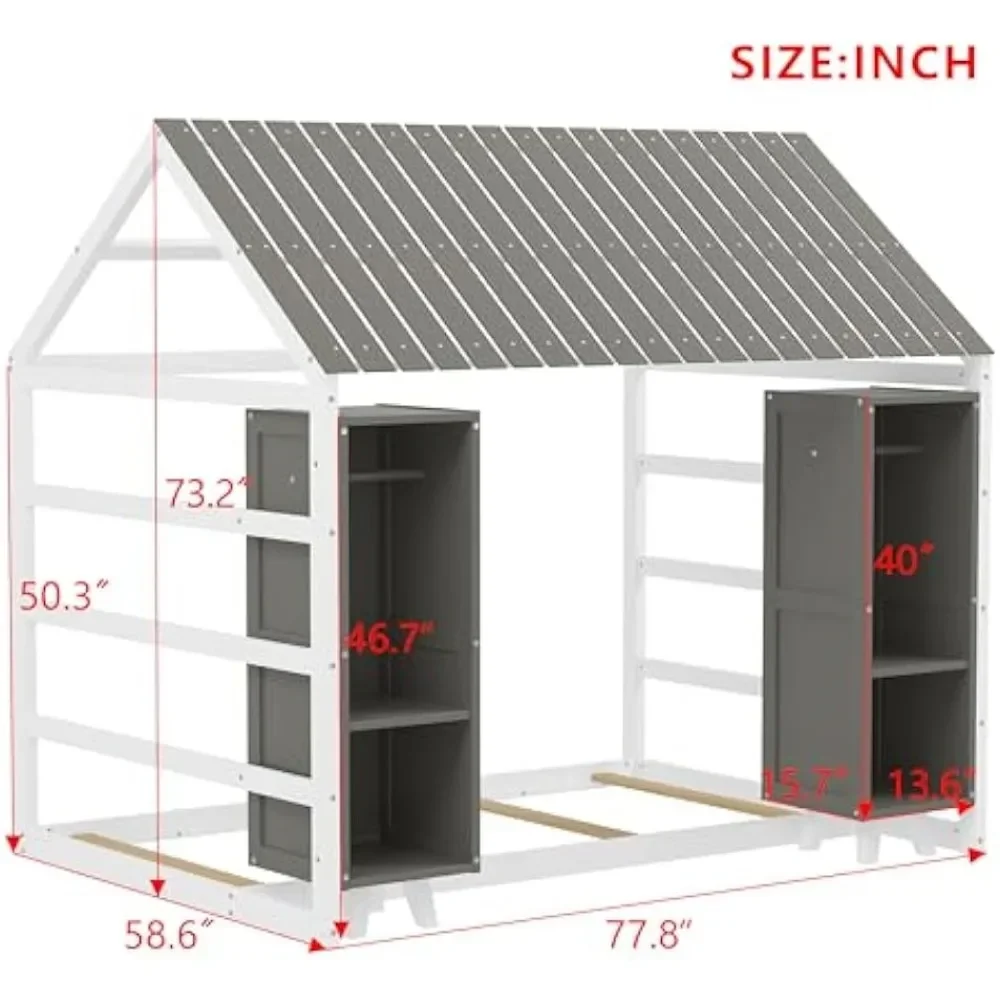 Wooden Twin Size House Bed for Kids,Includes Two Movable Wardrobes,Children Beds Features Cozy Fence and Roof 3