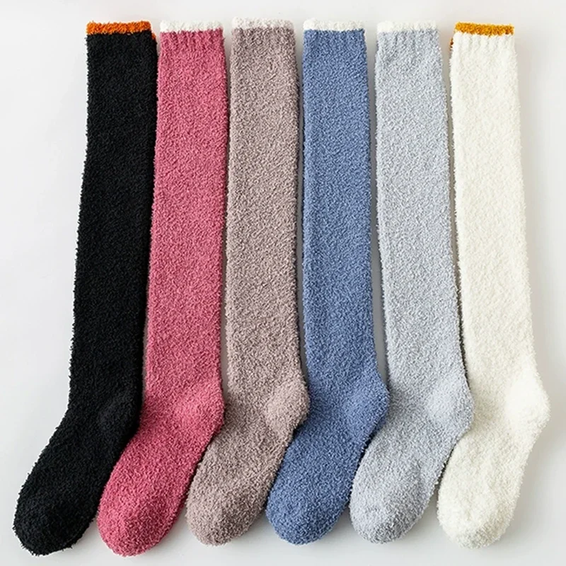 Soft Coral Fleece Knee Women Winter Warm Plush Leg Warmer Girl Solid Color Thigh High Socks Home Floor Thick Lo_voghion.com