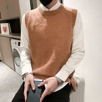 남성 의류 조끼 크루넥 니트 스웨터, 녹색 슬릿, 민소매 라운드 칼라, X 모드, 저렴한 무료 배송, 오버핏 V